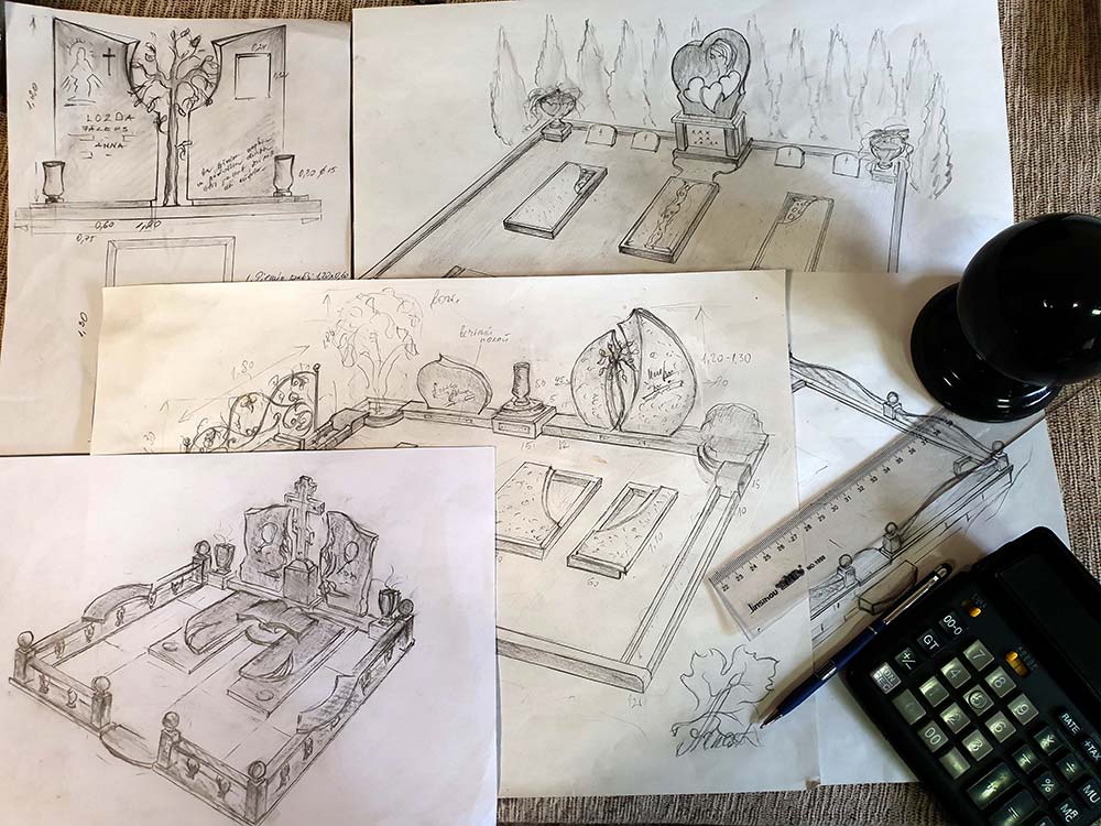 Dizaina autora Ineses Grudiņinas darbi no skices, 3D projekta līdz gatavam uzstādītam objektam kapos